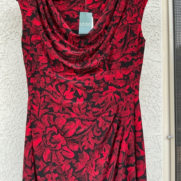 NWT Ralph Lauren Cowl Neck Jersey Sheath Floral Midi Dress Size 10 Cocktail Red - Picture 6 of 9